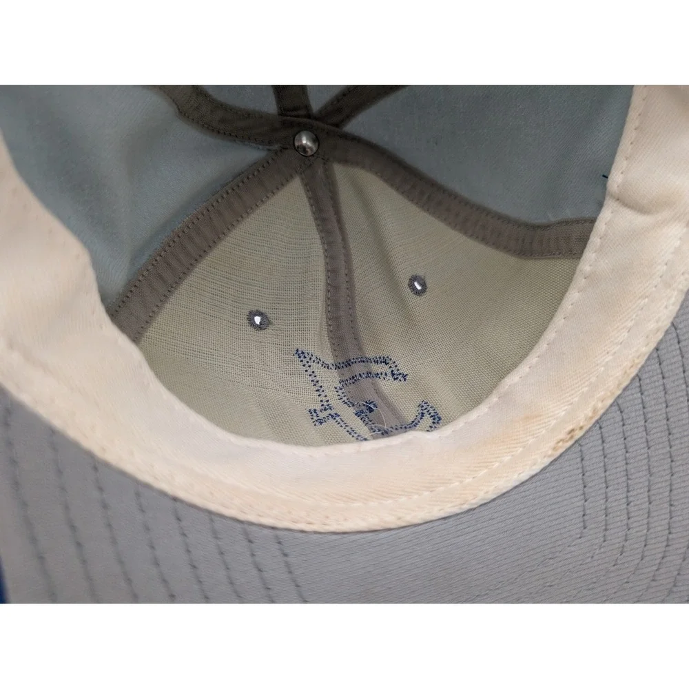 Vintage DeLONG Snapback Hat Grey Blue Letter F Baseball Cap Made in USA Med-LG